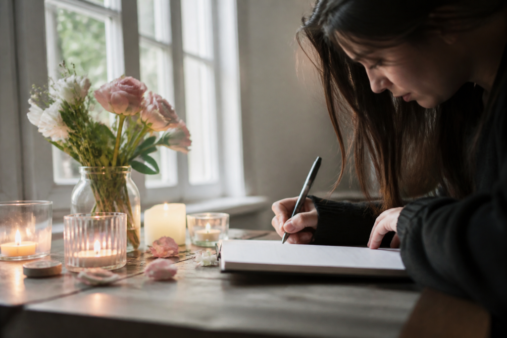 Ecriture manuscrite de sentiments pres de bougies et fleurs