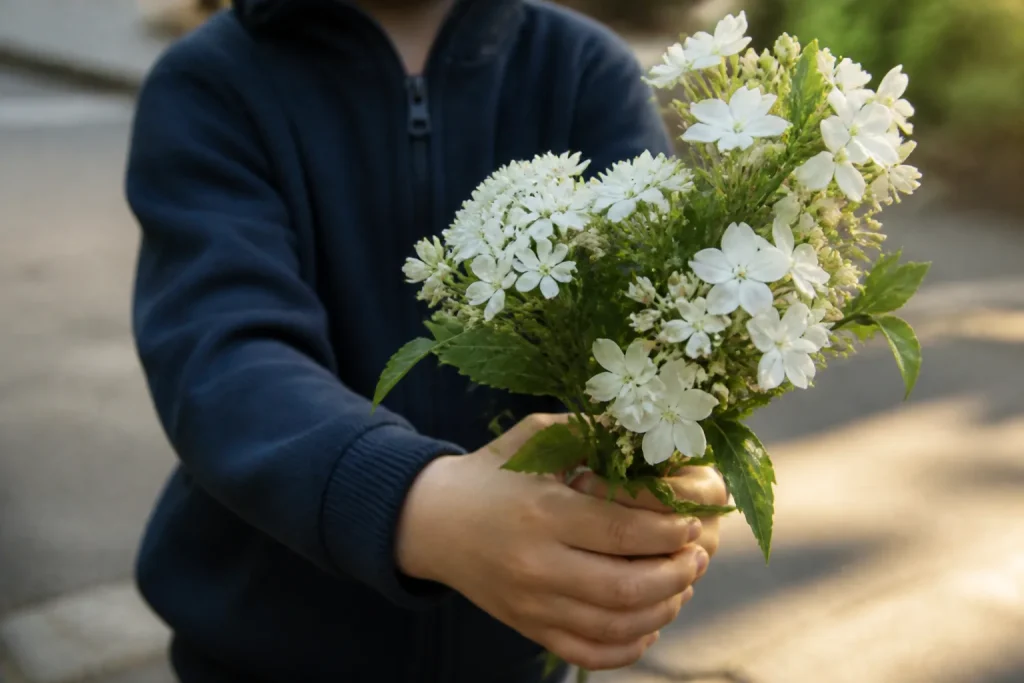 Mains enfantines offrant un bouquet de fleurs blanches