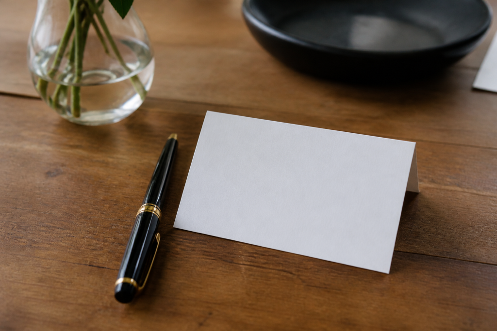 Stylo et carte ecrite a la main sur table