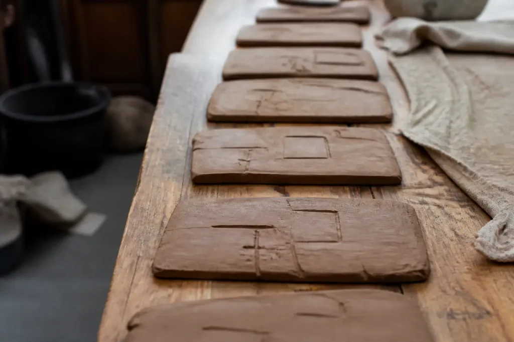 Tablettes d argile alignees sur une table en bois